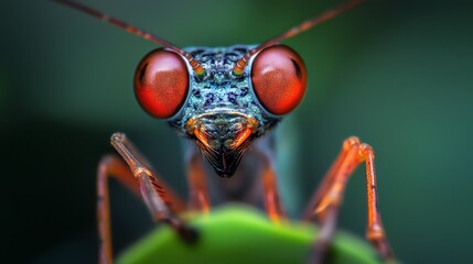 Sticker -  A bug's face, with red eyes, focuses on a green object Background mildly blurred