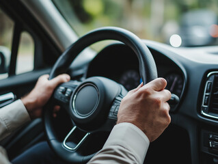 Close-up of hands gripping a steering wheel, depicting concentration and control while driving, with a blurred background of a car interior.