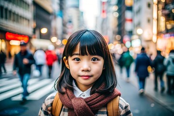 Young girl looking at the camera in a city.