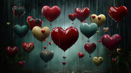 Wall Mural -   Grouped heart-shaped balloons float in the air against a dark green backdrop, while raindrops fall from above