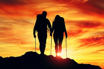 Poster - Silhouette of Couple Hiking at Sunset on Mountain Peak.