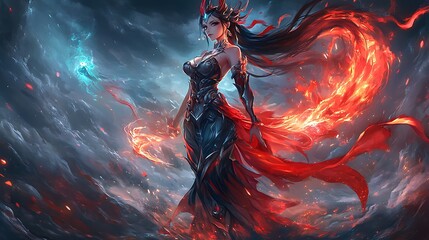 Canvas Print - Fiery Goddess with Red and Blue Energy Flowing Around Her.