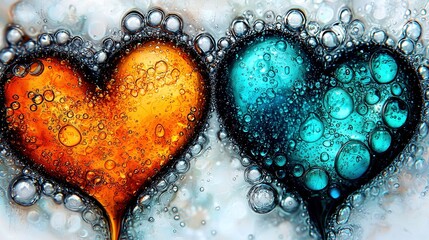 Wall Mural -   Two hearts in a painting with droplets of water below, one blue and the other orange