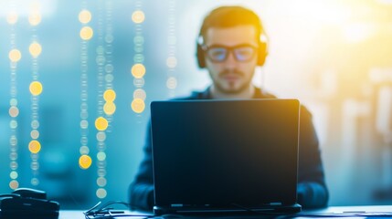 Focused man with headphones working on laptop in a modern tech environment with digital data visuals, showcasing concentration and innovation.