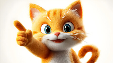 Wall Mural - A cheerful cartoon cat with orange fur and big blue eyes, pointing playfully.