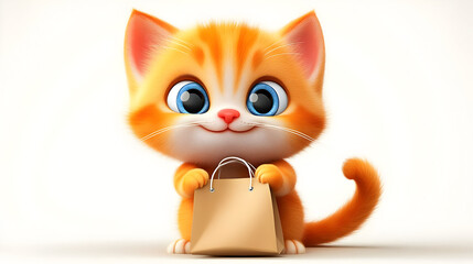 Poster - A cute orange kitten holding a small paper bag, looking playful and inviting.