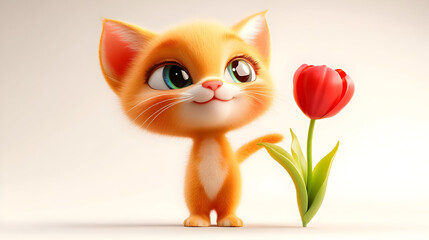 Poster - A cute orange kitten holding a red tulip, exuding charm and playfulness.