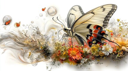 Wall Mural -  A painting of a butterfly and flowers on a white background with water bubbles in the foreground