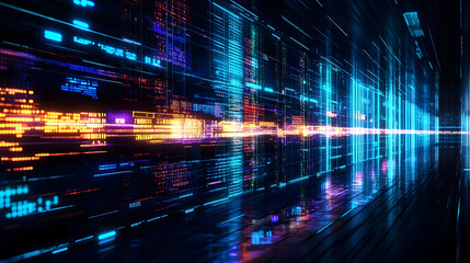 Poster - A futuristic digital corridor with glowing data streams and reflections.