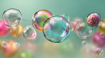 Wall Mural -   A group of soap bubbles dangling from a string, featuring a pink flower surrounded by the bubbles above it