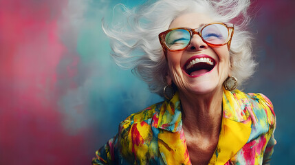 Poster - A joyful elderly woman with white hair and colorful attire, laughing against a vibrant background.