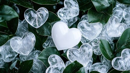 Wall Mural -   White heart atop ice cubes on top of green leaves