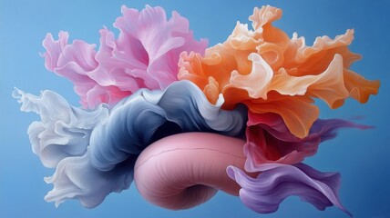 Surreal vision of digestive system morphing into abstract shapes and colors.