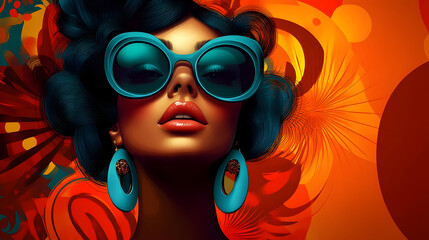 A vibrant portrait of a stylish woman with oversized sunglasses against a colorful background.