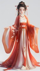 Elegant 3D character of a beautiful woman in traditional Hanfu on a white background, showcasing the richness of Chinese culture and heritage. This charming design embodies grace and sophistication, m