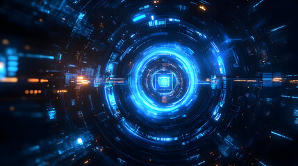 Poster - A futuristic digital tunnel with glowing blue and orange elements, suggesting advanced technology.