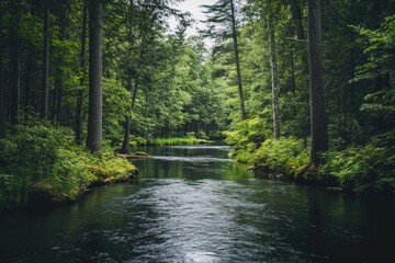 Wall Mural - River runs through lush green forest