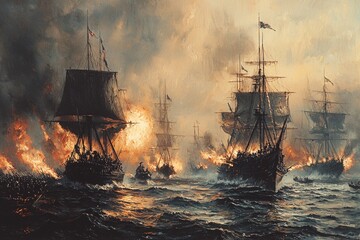 Epic Cartoon Naval Battle: Warships Engaging in Intense Fire Exchange on the High Seas