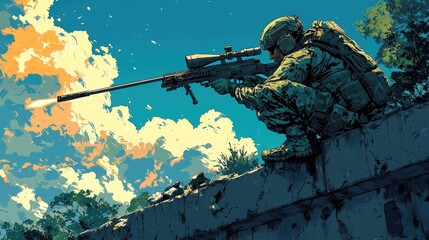 Wall Mural - Strategic Sniper Soldier - Cartoon character targeting enemies with a sniper rifle from a vantage point in the battlefield.