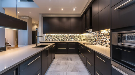 A contemporary kitchen with dark matte cabinets and a striking geometric tile backsplash, highlighted by recessed lighting. 8K