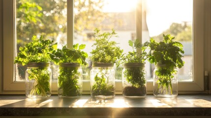 Green Herbs in Jars by Window