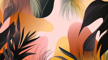 Wall Mural - A vibrant abstract design featuring tropical leaves and warm colors, ideal for backgrounds or graphic resources.