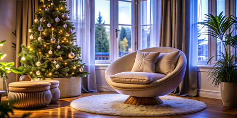 Wall Mural - A comfortable soft, round chair in a cosy corner decorated for Xmas against a view window in the interior of a modern living room.
