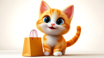 Wall Mural - A cute orange kitten with big eyes next to a small shopping bag, exuding charm and playfulness.