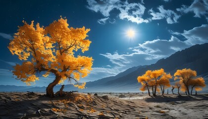 The Populus euphratica trees under the moonlight, with yellow leaves contrasting with the dry mountains, are peaceful and beautiful.