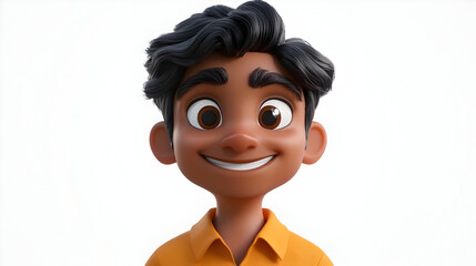 Sticker - A cheerful animated character with dark hair and a bright smile, wearing an orange shirt.