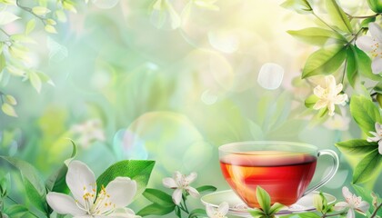 A delicate cup of herbal tea surrounded by blooming flowers in a serene garden setting