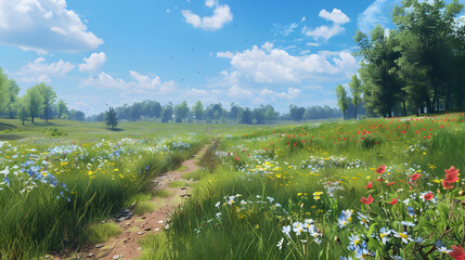 Tranquil Meadow with Vibrant Green Grass, Wildflowers, and a Winding Dirt Path Under a Clear Blue Sky