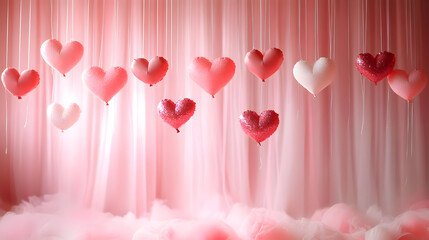 Poster - A romantic scene featuring hanging hearts in shades of pink, perfect for celebrations.