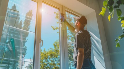 worker use scaraper cleaning window before installing tinting window film.