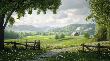 Poster - Tranquil Meadow with Farmhouse and Rolling Hills