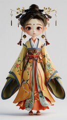 Elegant 3D character of a beautiful woman in traditional Hanfu on a white background, showcasing the richness of Chinese culture and heritage. This charming design embodies grace and sophistication, m