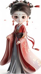 Elegant 3D character of a beautiful woman in traditional Hanfu on a white background, showcasing the richness of Chinese culture and heritage. This charming design embodies grace and sophistication, m