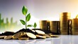 © Adeniadit - Business growth concept, green plant growth with stack of gold coins. white background and sunlight. Generate AI
