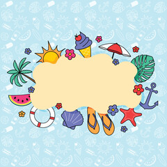 Wall Mural - Summer background with hand drawn beach icons. Vector illustration