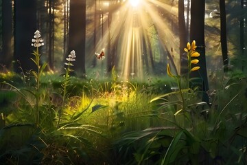 Beautiful natural atmospheric image of spring or summer morning forest with sunbeams breaking through and butterfly in wild grass. Generative AI