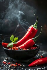 Wall Mural - Delicious smoky red pepper, isolated on dark background. A vibrant red chili pepper covered in water droplets, with wisps of smoke curling around it.
