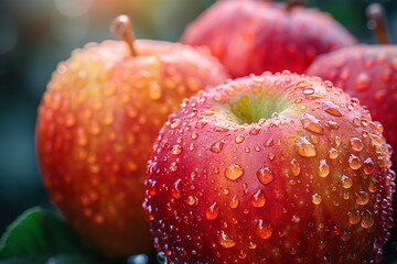 Wall Mural - Macro shot of apple. Water drops on apple. Close up photo of apple.
