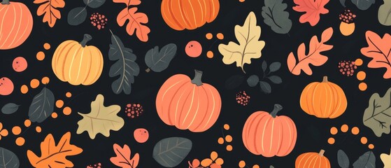 a seamless pattern of orange pumpkins, fall leaves, berries, and acorns on a black background.