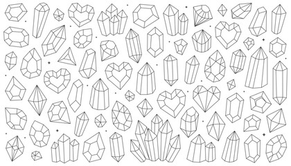 Set of outline crystals and stones. Crystals and diamonds, gemstones, precious stones, treasures. Doodle illustrations, line, icons, logo design. Magic and esoteric stones.