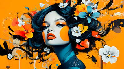 Sticker - A vibrant portrait of a woman surrounded by colorful flowers.