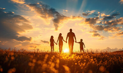 happy family, mother, father, children son and daughter on nature on sunset