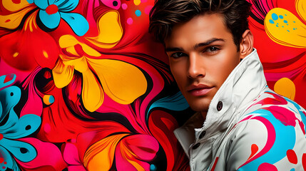 Sticker - A stylish young man poses against a vibrant, abstract floral background.