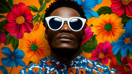 Poster - A stylish individual wearing sunglasses against a vibrant floral background.