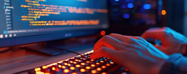 Wall Mural - a close-up view of hands typing on a keyboard with colorful backlighting, coding displayed on the co