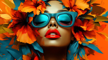 Poster - A vibrant portrait of a woman with colorful flowers and sunglasses, exuding summer vibes.